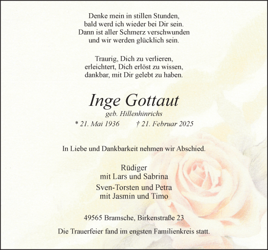 Traueranzeige von Inge Gottaut von Neue Osnabrücker Zeitung GmbH & Co. KG