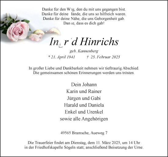 Traueranzeige von Ingrid Hinrichs von Neue Osnabrücker Zeitung GmbH & Co. KG