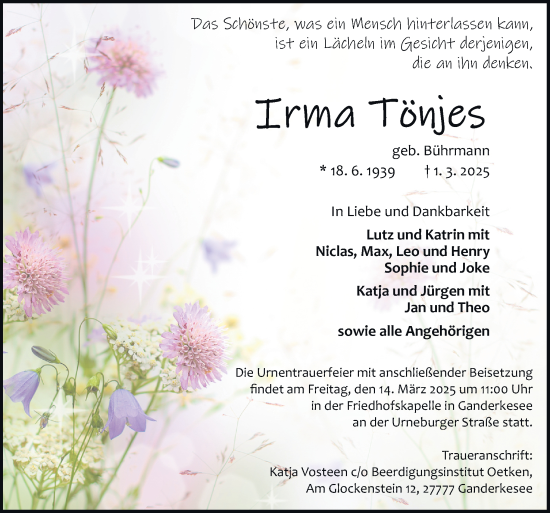 Traueranzeige von Irma Tönjes von DK Medien GmbH & Co. KG