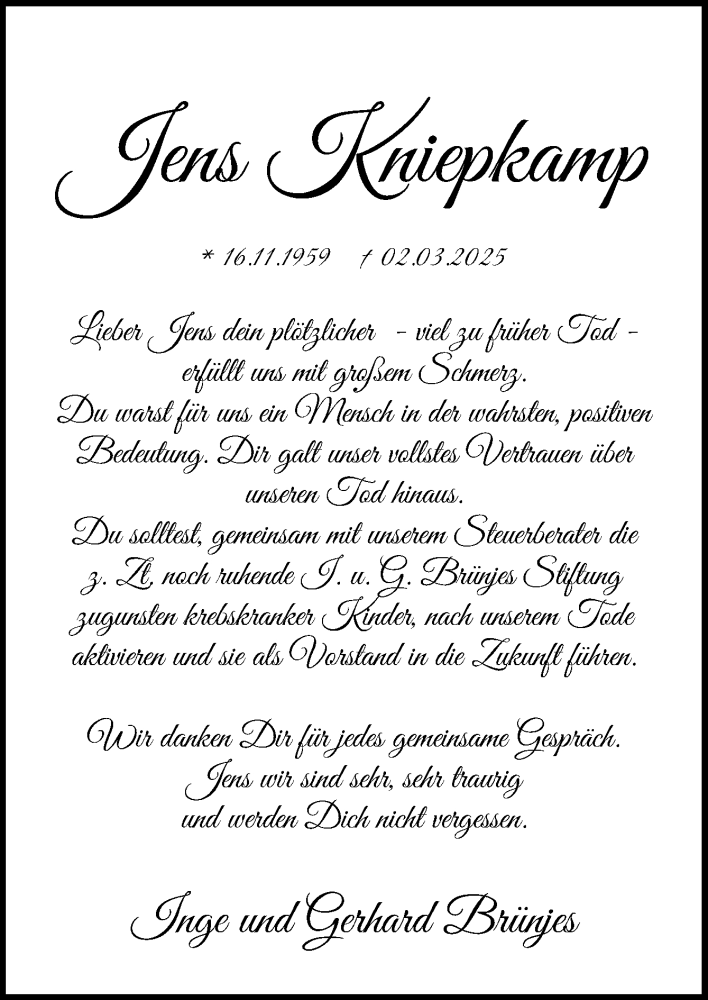  Traueranzeige für Jens Kniepkamp vom 22.03.2025 aus DK Medien GmbH & Co. KG
