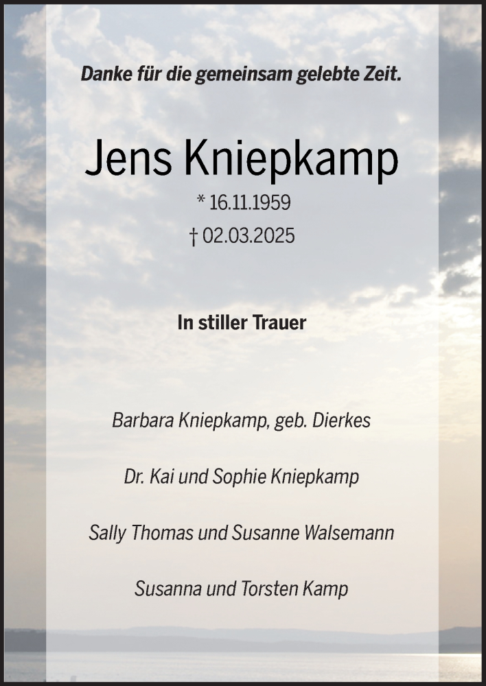  Traueranzeige für Jens Kniepkamp vom 08.03.2025 aus DK Medien GmbH & Co. KG