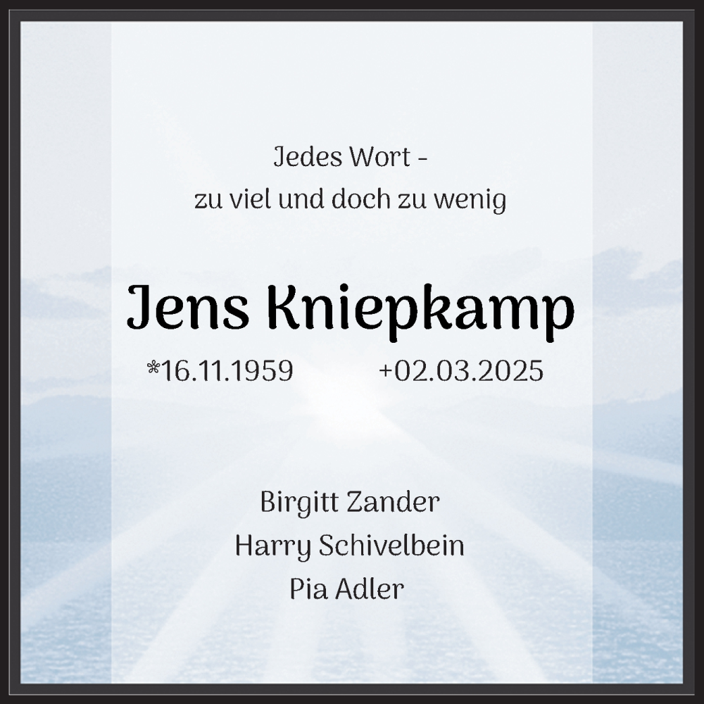  Traueranzeige für Jens Kniepkamp vom 08.03.2025 aus DK Medien GmbH & Co. KG