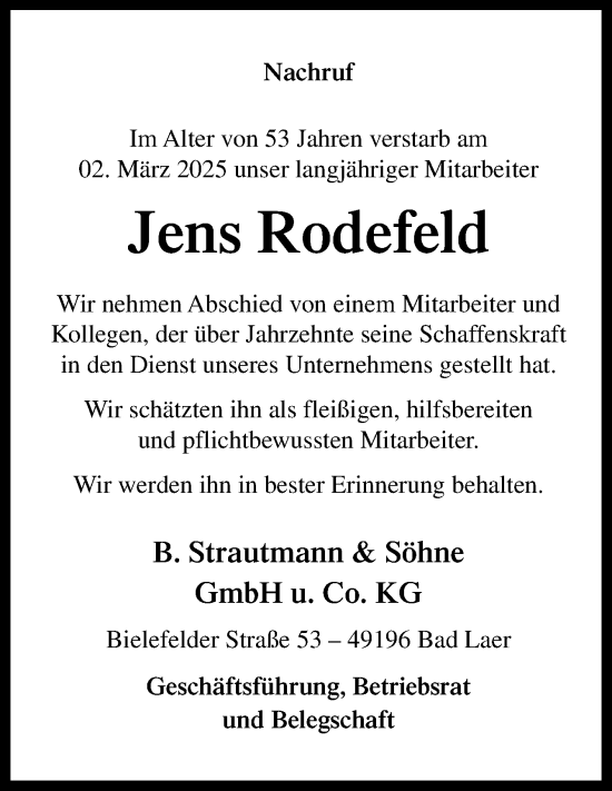 Traueranzeige von Jens Rodefeld von Neue Osnabrücker Zeitung GmbH & Co. KG