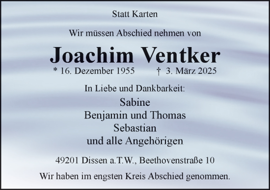 Traueranzeige von Joachim Ventker von Neue Osnabrücker Zeitung GmbH & Co. KG