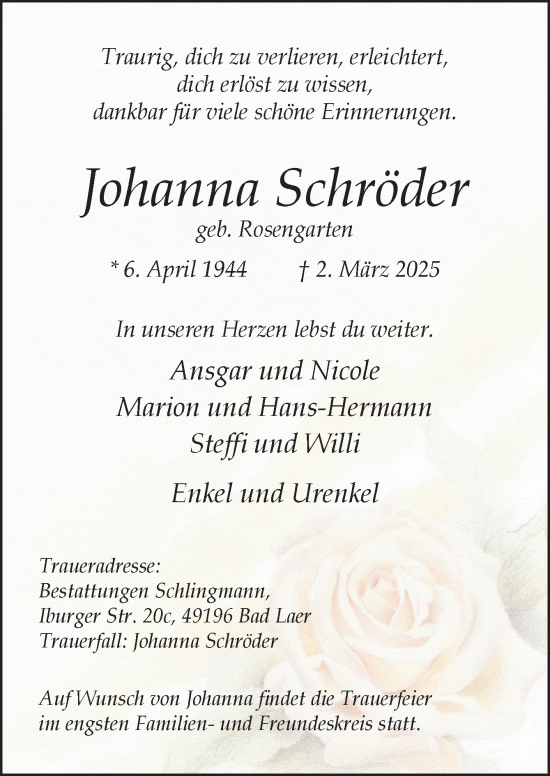 Traueranzeige von Johanna Schröder von Neue Osnabrücker Zeitung GmbH & Co. KG