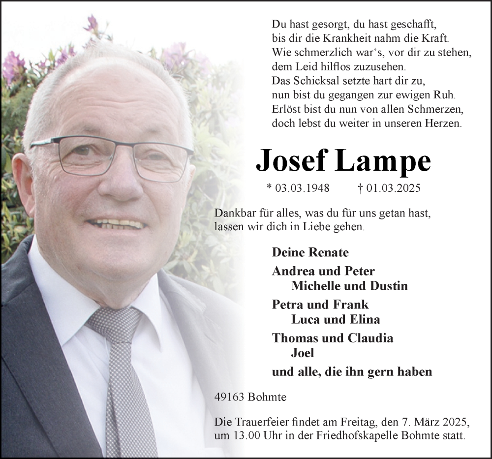  Traueranzeige für Josef Lampe vom 04.03.2025 aus Neue Osnabrücker Zeitung GmbH & Co. KG