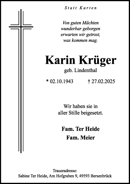 Traueranzeige von Karin Krüger von Neue Osnabrücker Zeitung GmbH & Co. KG