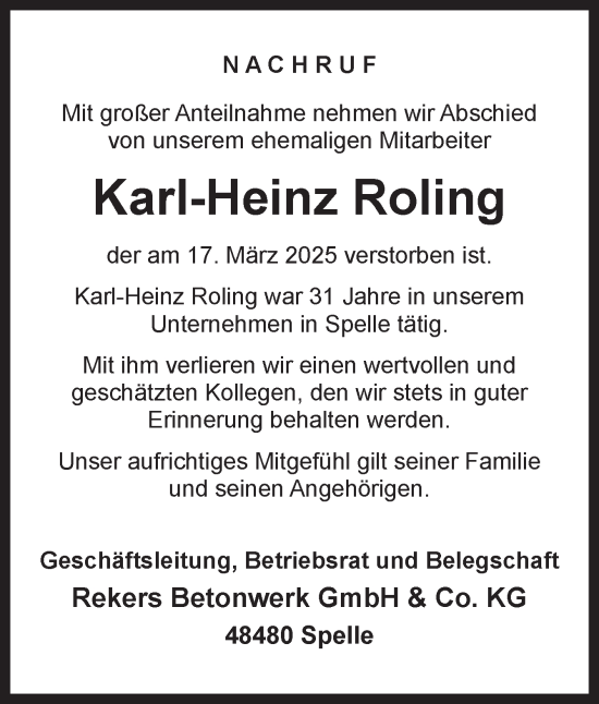 Traueranzeige von Karl-Heinz Roling von Neue Osnabrücker Zeitung GmbH & Co. KG