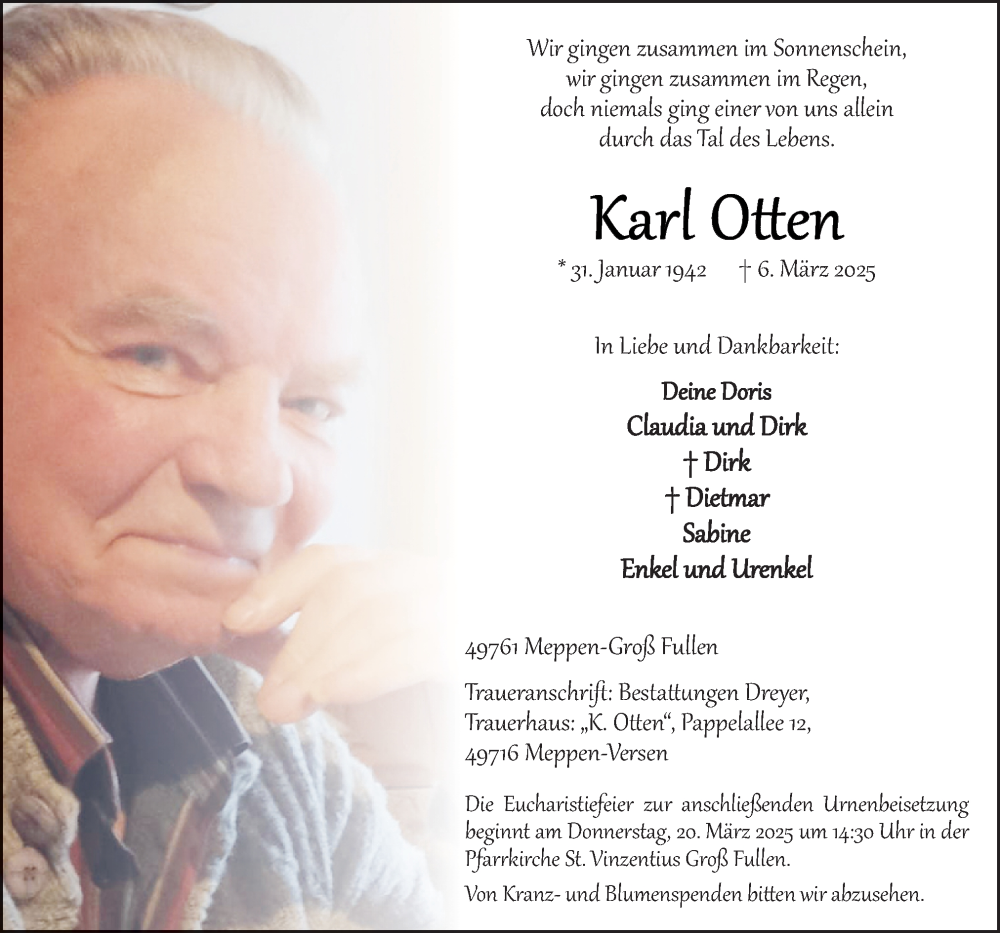  Traueranzeige für Karl Otten vom 15.03.2025 aus Neue Osnabrücker Zeitung GmbH & Co. KG