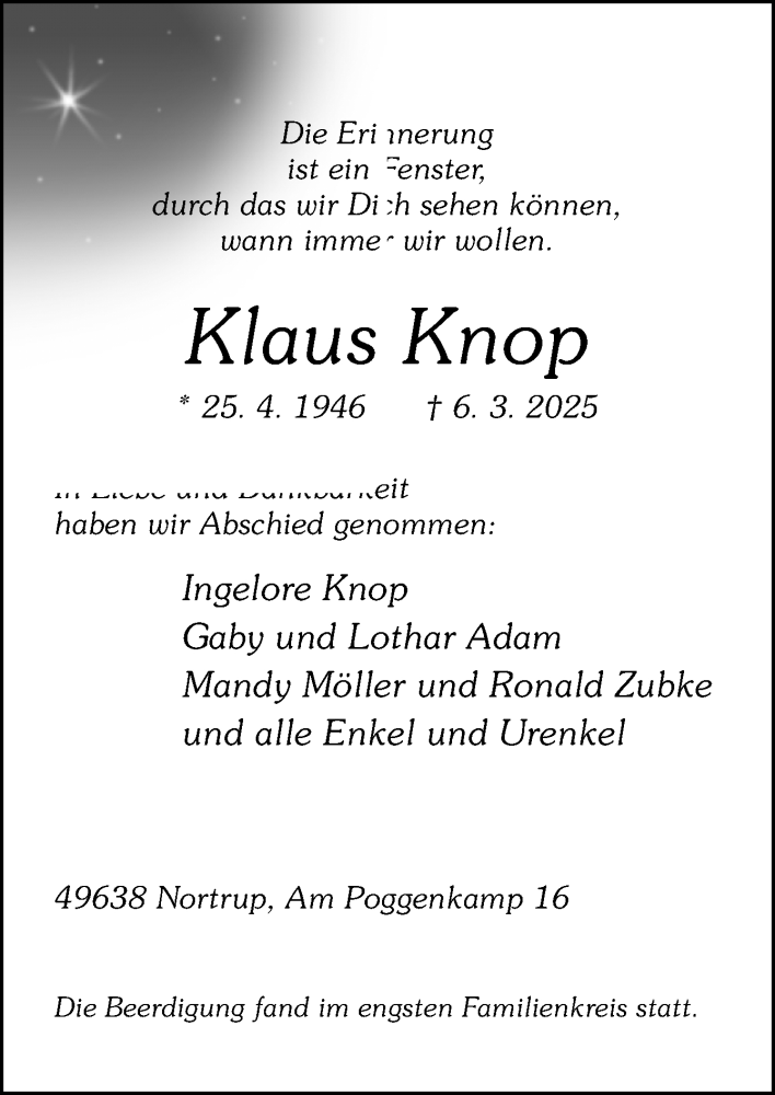  Traueranzeige für Klaus Knop vom 15.03.2025 aus Neue Osnabrücker Zeitung GmbH & Co. KG