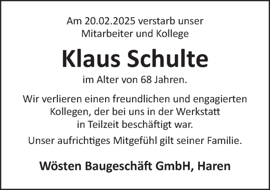 Traueranzeige von Klaus Schulte von Neue Osnabrücker Zeitung GmbH & Co. KG