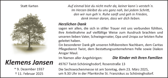 Traueranzeige von Klemens Jansen von Neue Osnabrücker Zeitung GmbH & Co. KG