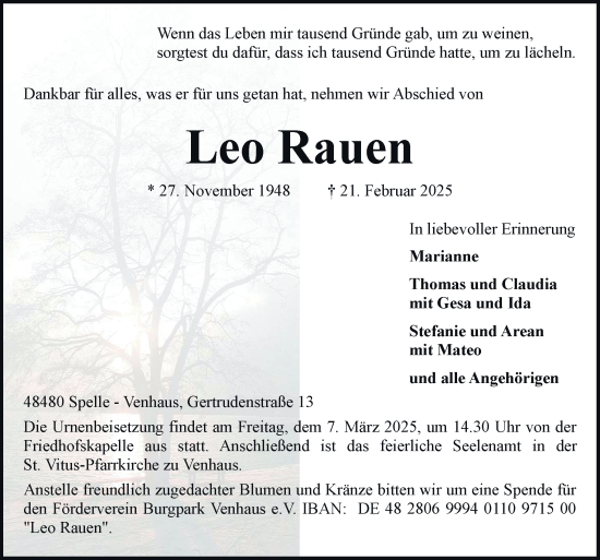 Traueranzeige von Leo Rauen von Neue Osnabrücker Zeitung GmbH & Co. KG