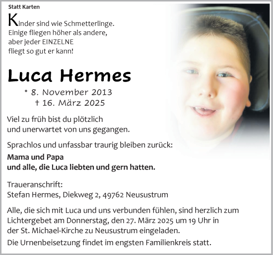 Traueranzeige von Luca Hermes von Neue Osnabrücker Zeitung GmbH & Co. KG