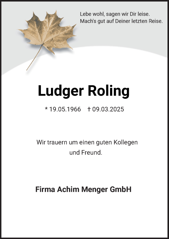 Traueranzeige von Ludger Roling von Neue Osnabrücker Zeitung GmbH & Co. KG