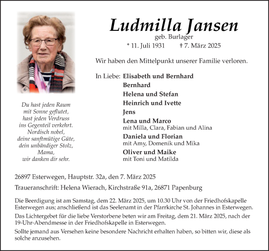 Traueranzeige von Ludmilla Jansen von Neue Osnabrücker Zeitung GmbH & Co. KG