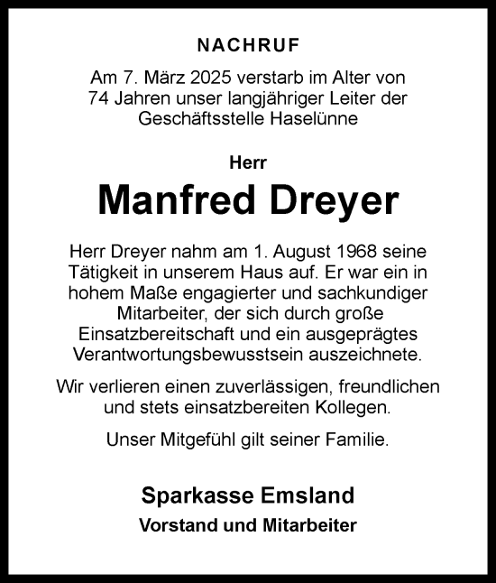 Traueranzeige von Manfred Dreyer von Neue Osnabrücker Zeitung GmbH & Co. KG