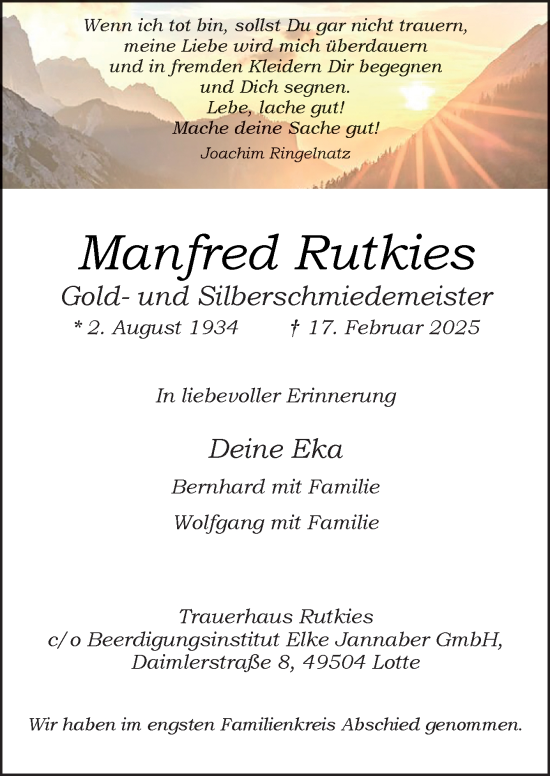 Traueranzeige von Manfred Rutkies von Neue Osnabrücker Zeitung GmbH & Co. KG