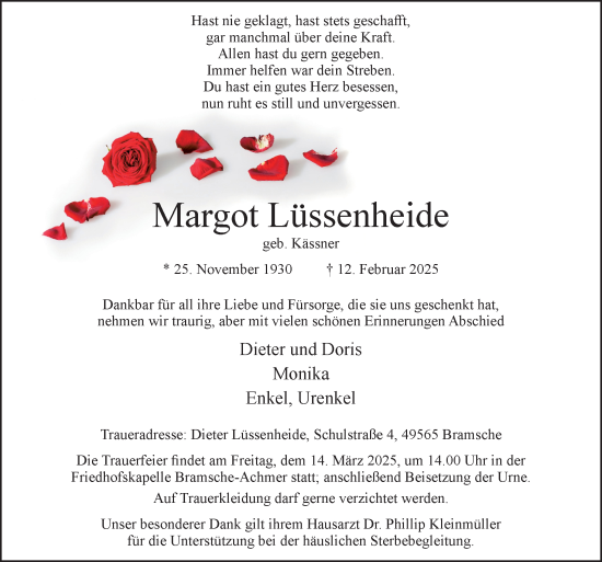 Traueranzeige von Margot Lüssenheide von Neue Osnabrücker Zeitung GmbH & Co. KG