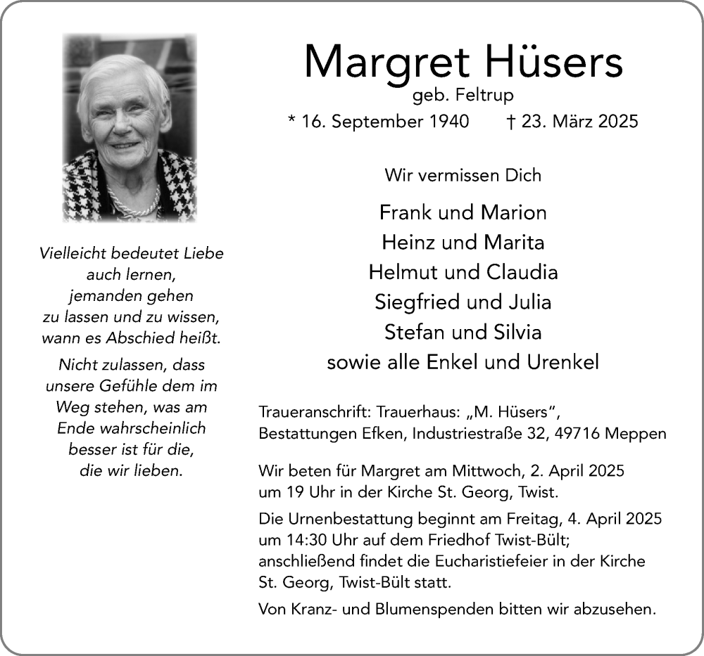  Traueranzeige für Margret Hüsers vom 29.03.2025 aus Neue Osnabrücker Zeitung GmbH & Co. KG