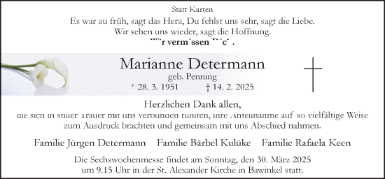 Traueranzeige von Marianne Determann von Neue Osnabrücker Zeitung GmbH & Co. KG