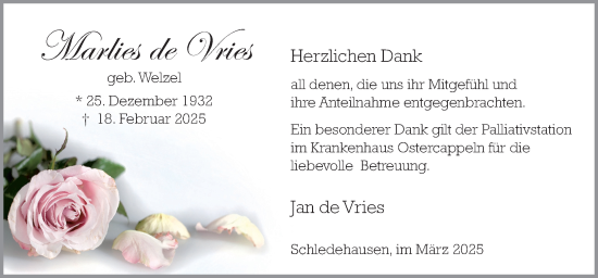 Traueranzeige von Marlies de Vries von Neue Osnabrücker Zeitung GmbH & Co. KG