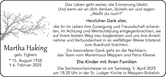 Traueranzeige von Martha Haking von Neue Osnabrücker Zeitung GmbH & Co. KG