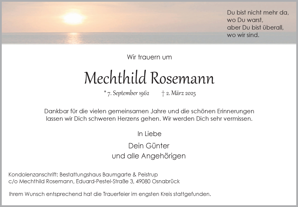  Traueranzeige für Mechthild Rosemann vom 22.03.2025 aus Neue Osnabrücker Zeitung GmbH & Co. KG