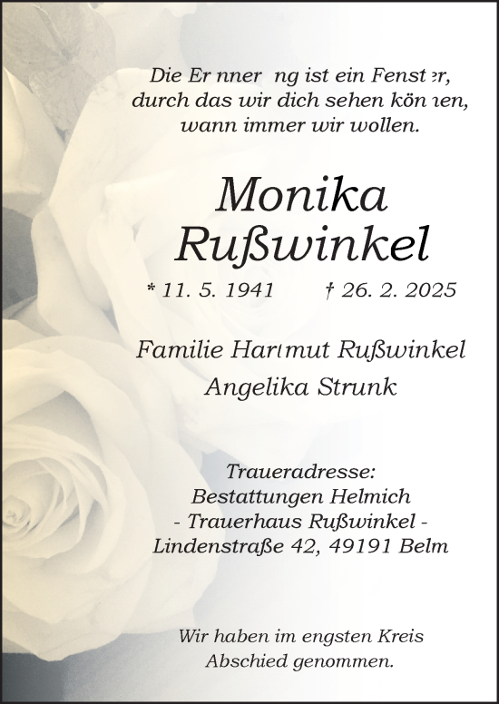 Traueranzeige von Monika Rußwinkel von Neue Osnabrücker Zeitung GmbH & Co. KG