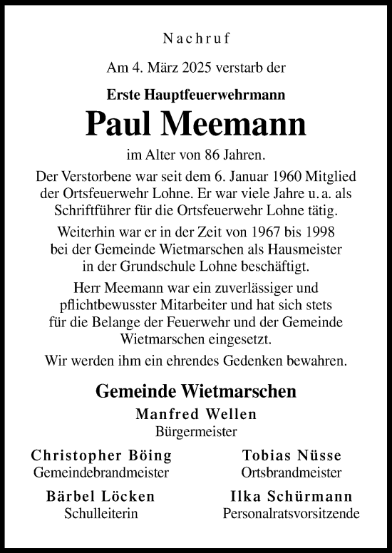 Traueranzeige von Paul Meemann von Neue Osnabrücker Zeitung GmbH & Co. KG