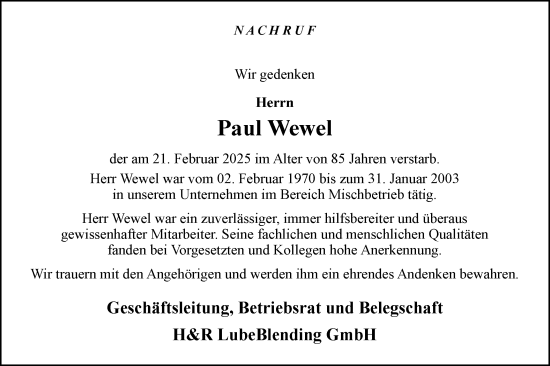 Traueranzeige von Paul Wewel von Neue Osnabrücker Zeitung GmbH & Co. KG