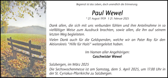 Traueranzeige von Paul Wewel von Neue Osnabrücker Zeitung GmbH & Co. KG