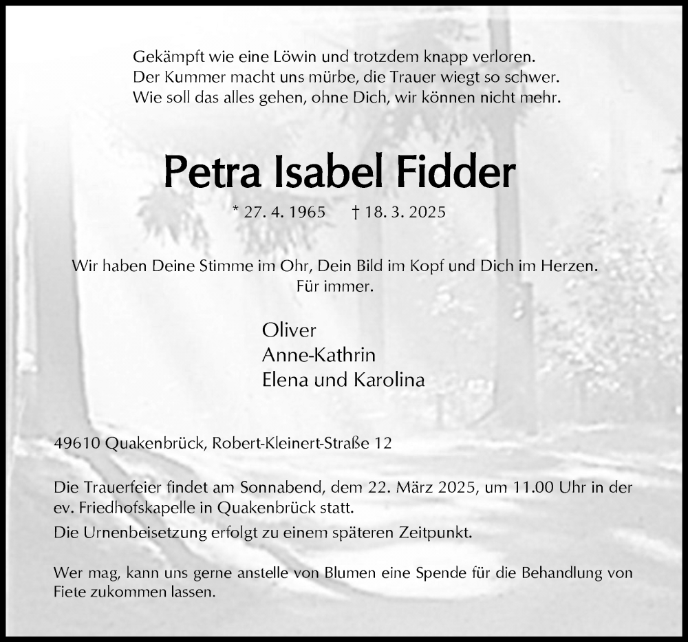  Traueranzeige für Petra Isabel Fidder vom 21.03.2025 aus Neue Osnabrücker Zeitung GmbH & Co. KG