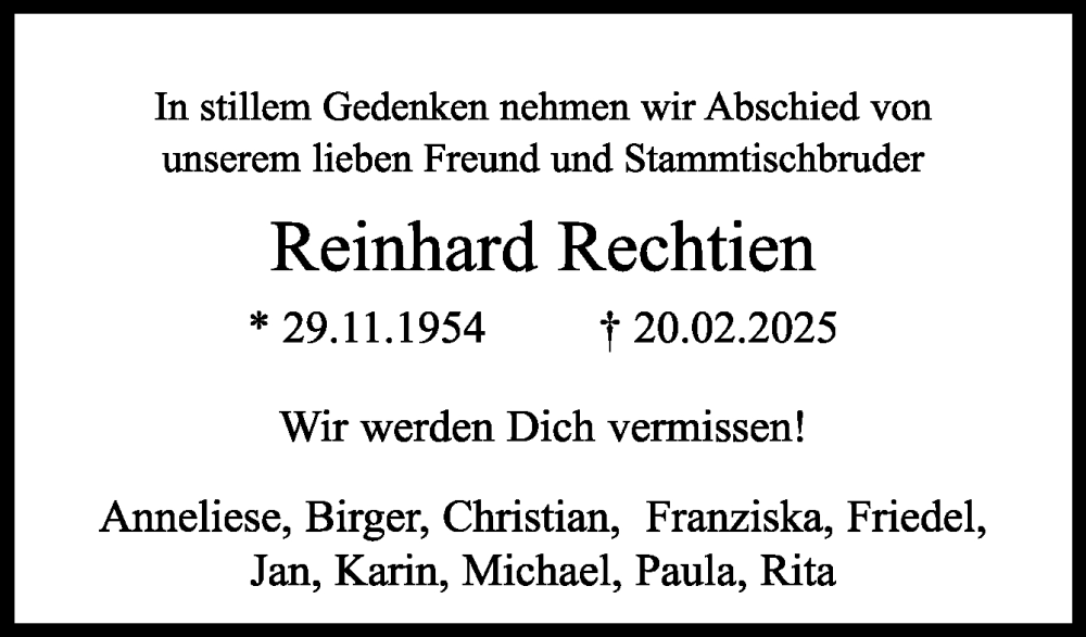  Traueranzeige für Reinhard Rechtien vom 01.03.2025 aus Neue Osnabrücker Zeitung GmbH & Co. KG