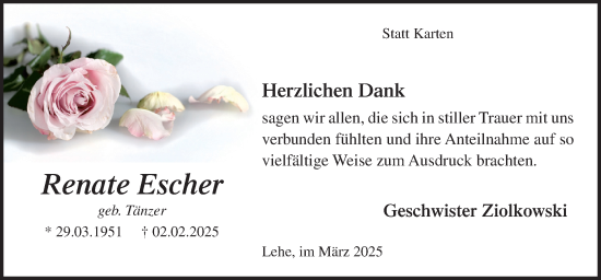 Traueranzeige von Renate Escher von Neue Osnabrücker Zeitung GmbH & Co. KG
