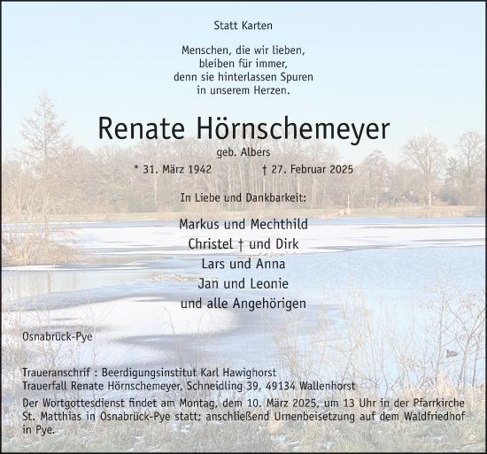 Traueranzeige von Renate Hörnschemeyer von Neue Osnabrücker Zeitung GmbH & Co. KG