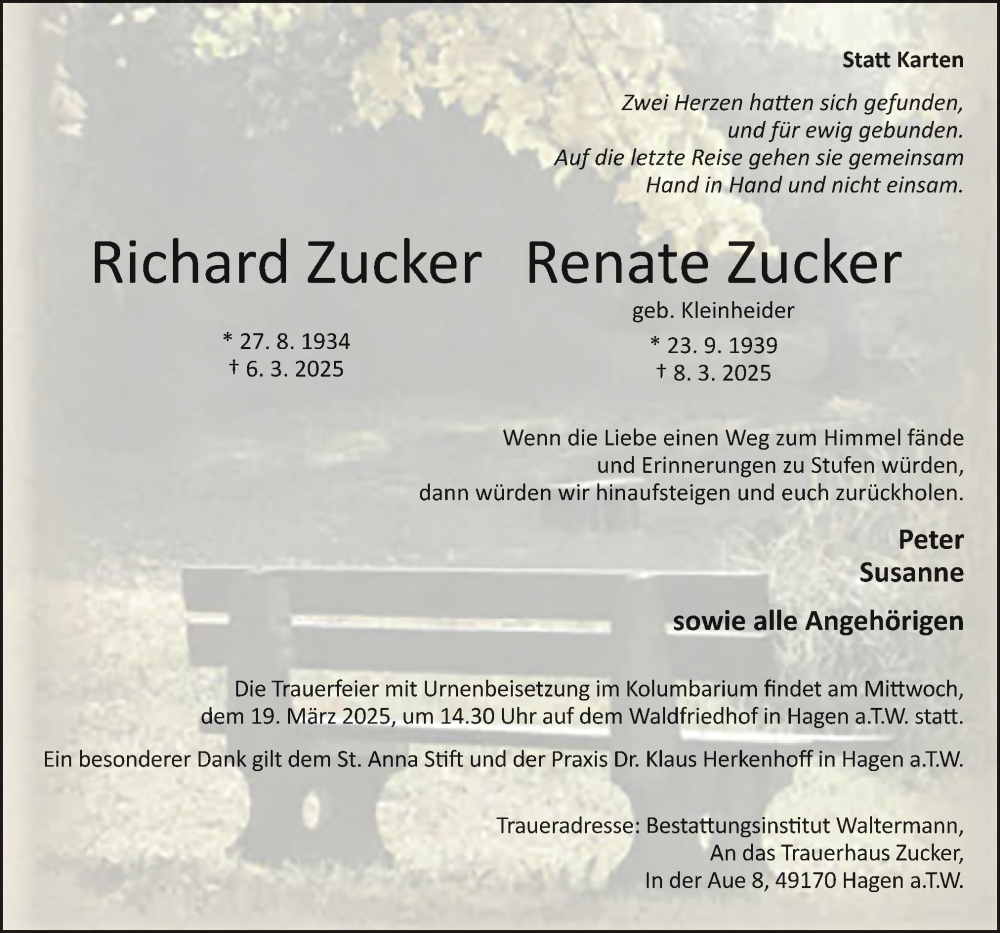  Traueranzeige für Richard Zucker vom 15.03.2025 aus Neue Osnabrücker Zeitung GmbH & Co. KG