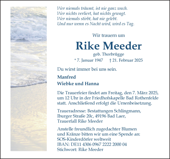 Traueranzeige von Rike Meeder von Neue Osnabrücker Zeitung GmbH & Co. KG