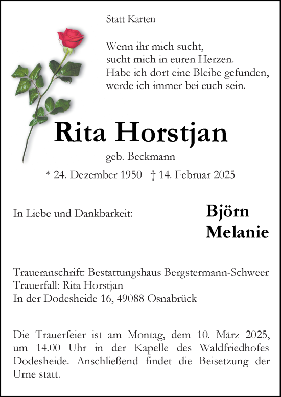 Traueranzeige von Rita Horstjan von Neue Osnabrücker Zeitung GmbH & Co. KG