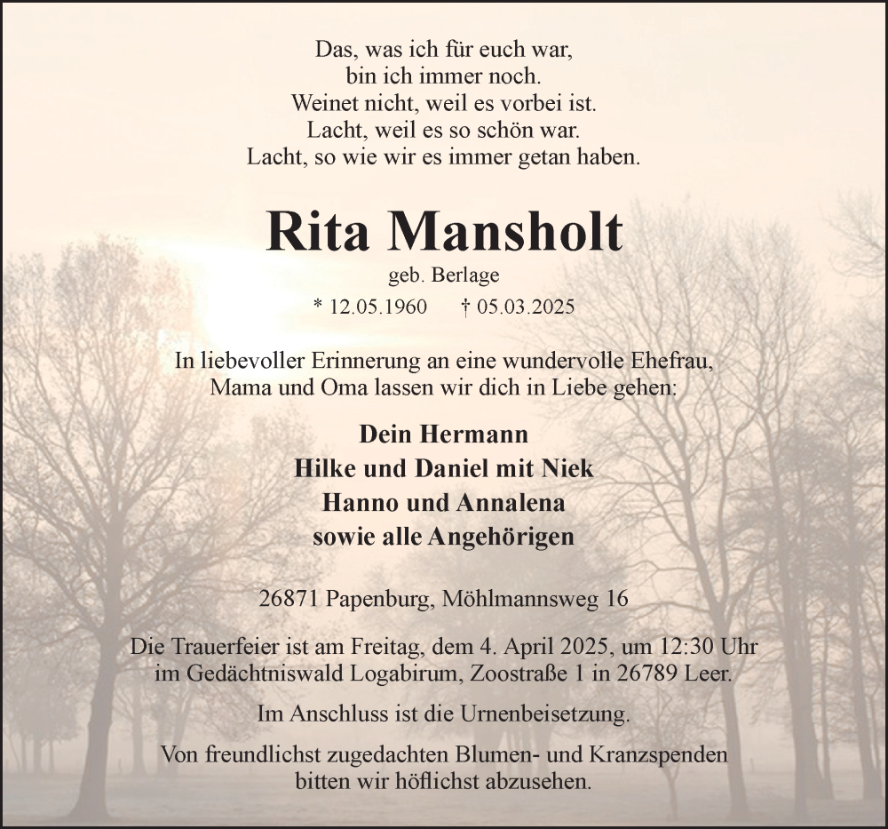  Traueranzeige für Rita Mansholt vom 12.03.2025 aus Neue Osnabrücker Zeitung GmbH & Co. KG