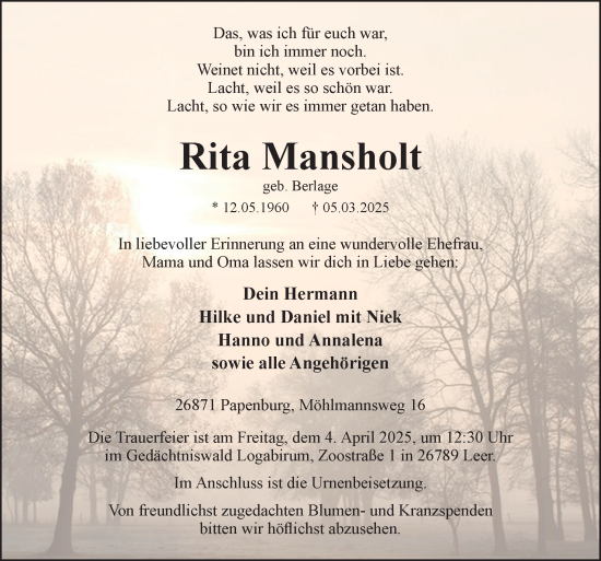 Traueranzeige von Rita Mansholt von Neue Osnabrücker Zeitung GmbH & Co. KG