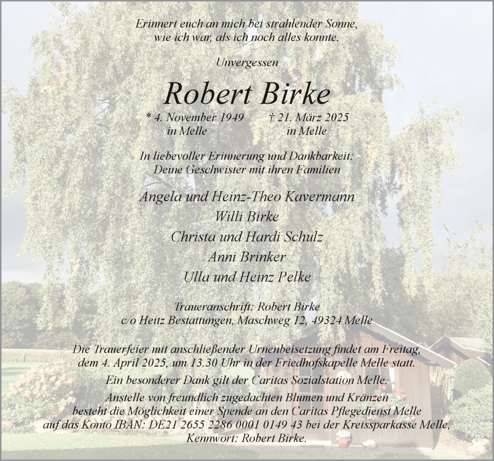  Traueranzeige für Robert Birke vom 29.03.2025 aus Neue Osnabrücker Zeitung GmbH & Co. KG