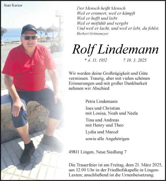 Traueranzeige von Rolf Lindemann von Neue Osnabrücker Zeitung GmbH & Co. KG