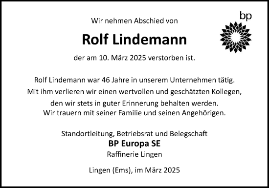 Traueranzeige von Rolf Lindemann von Neue Osnabrücker Zeitung GmbH & Co. KG