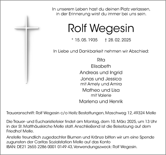 Traueranzeige von Rolf Wegesin von Neue Osnabrücker Zeitung GmbH & Co. KG