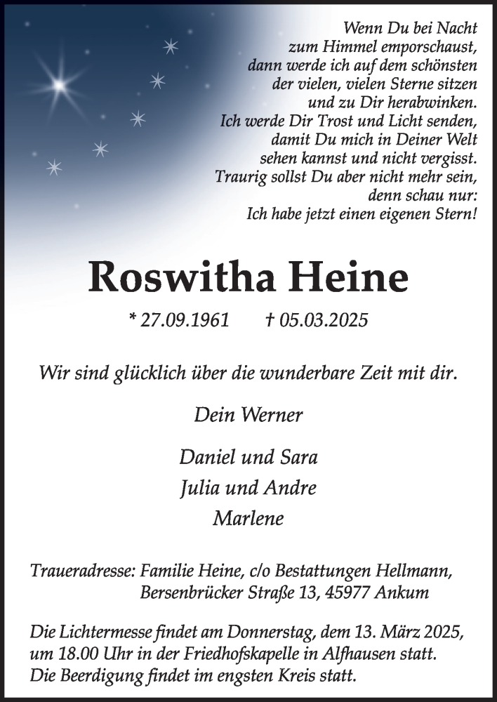  Traueranzeige für Roswitha Heine vom 08.03.2025 aus Neue Osnabrücker Zeitung GmbH & Co. KG