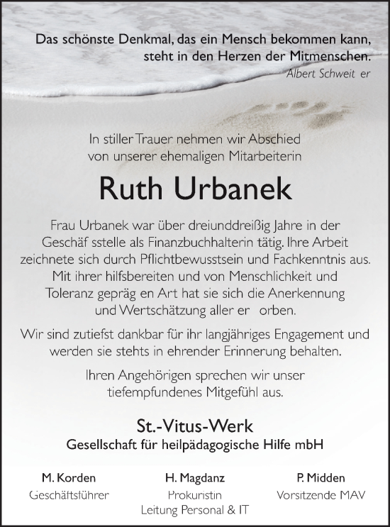 Traueranzeige von Ruth Urbanek von Neue Osnabrücker Zeitung GmbH & Co. KG