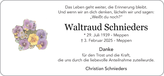 Traueranzeige von Waltraud Schnieders von Neue Osnabrücker Zeitung GmbH & Co. KG