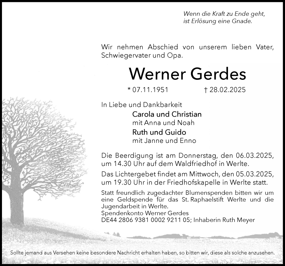  Traueranzeige für Werner Gerdes vom 05.03.2025 aus Neue Osnabrücker Zeitung GmbH & Co. KG