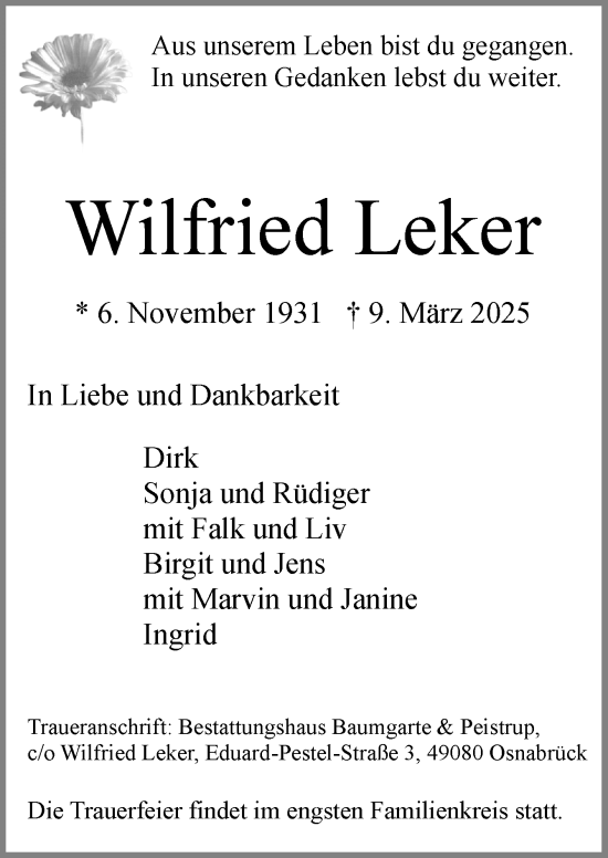 Traueranzeige von Wilfried Leker von Neue Osnabrücker Zeitung GmbH & Co. KG